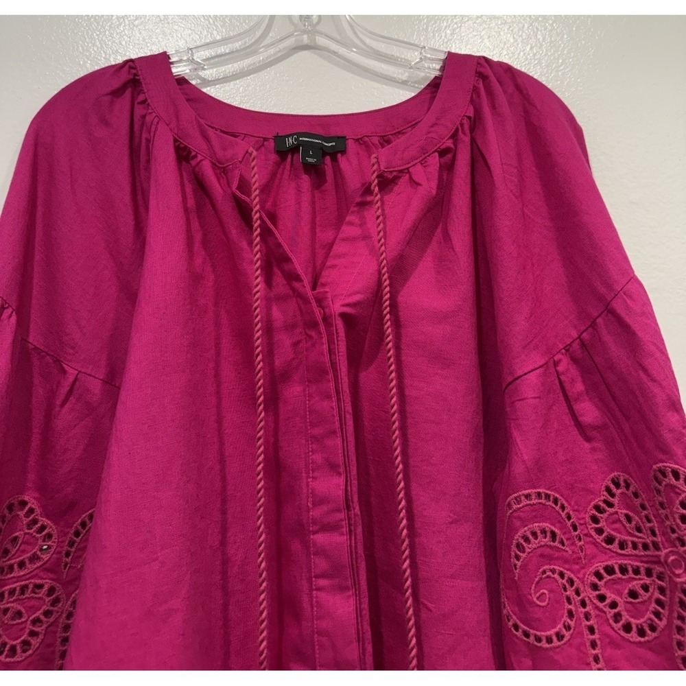 INC International Concepts Top Size Large Blouse Pink Linen Blend Peasant Eyelet - Picture 3 of 8